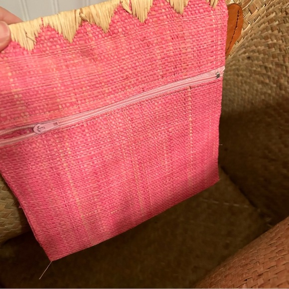 RAFFIA PINK WITH LEATHER HANDLE TOTE BAG Large NWOT - Picture 7 of 12